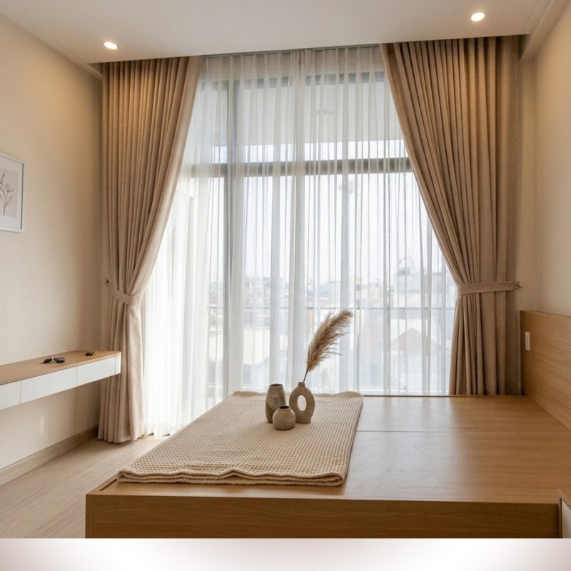 Rèm cửa 2 lớp voan linen và voan trắng họa tiết Lắp Đặt Rèm Cửa Phòng Ngủ Thạnh Xuân