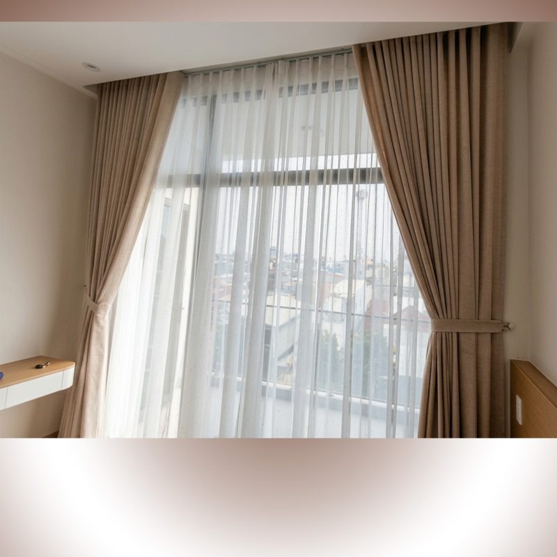 Rèm cửa 2 lớp voan linen và voan trắng họa tiết Lắp Đặt Rèm Cửa Phòng Ngủ Thạnh Xuân